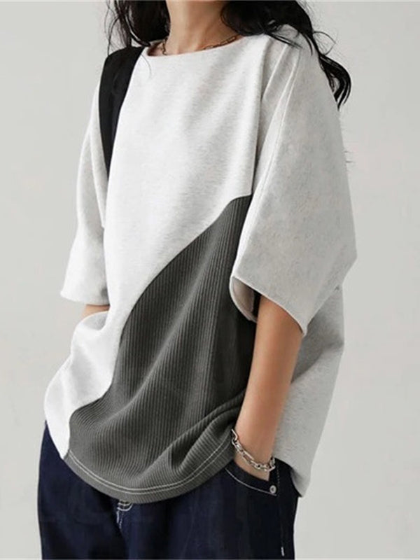 Contrast Color Batwing Sleeves Half Sleeves Round-neck T-Shirts Tops
