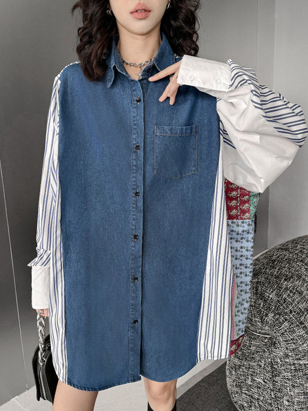 Buttoned Contrast Color Pockets Split-Joint Striped Long Sleeves Loose Lapel Blouses&Shirts Tops