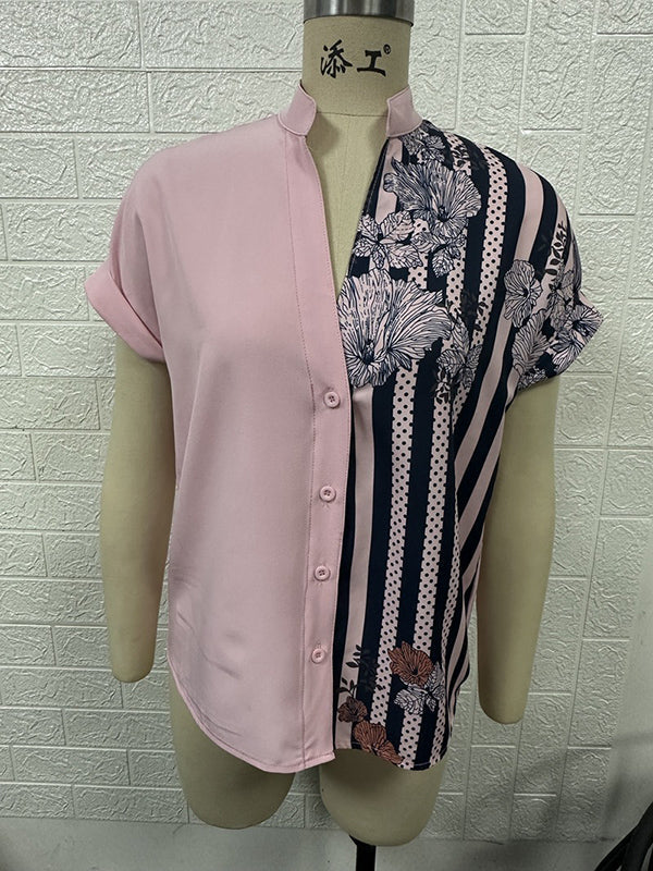 Buttoned Contrast Color Flower Print Striped Loose Short Sleeves V-Neck Blouses&Shirts Tops