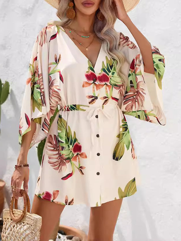 Buttoned Drawstring Leaves Print A-Line Half Sleeves V-Neck Mini Dresses