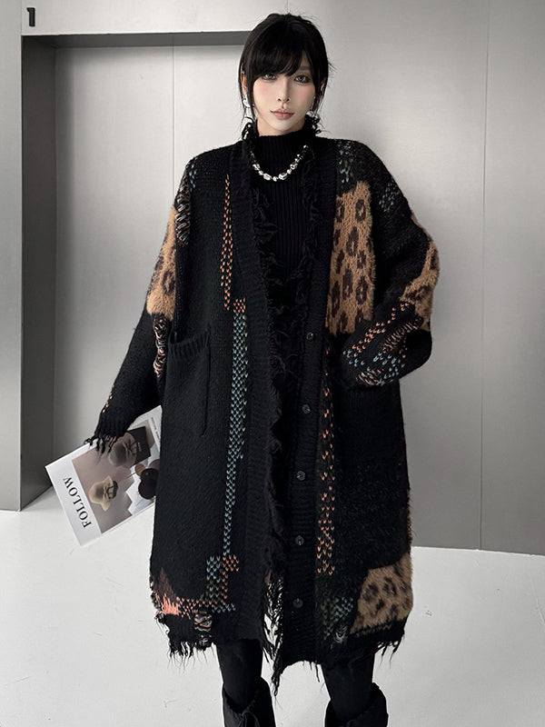 Asymmetric Buttoned Contrast Color Leopard Pockets Split-Joint Hipster Long Sleeves V-Neck Cardigan Tops