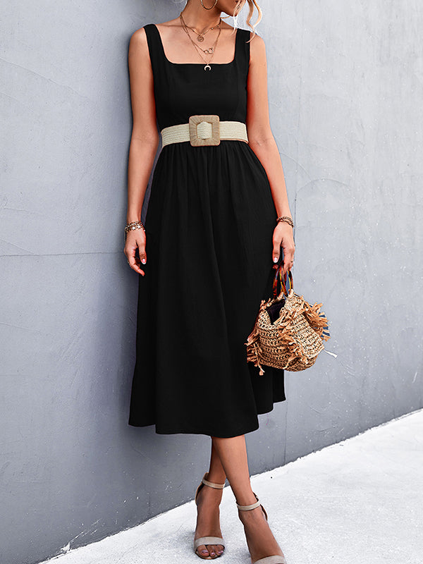 Pleated Solid Color Split-Joint High Waisted Sleeveless U-Neck Midi Dresses