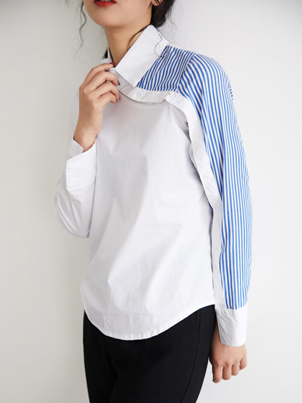 Long Sleeves Irregularity Striped Solid Contrast Color Lapel Collar Blouses
