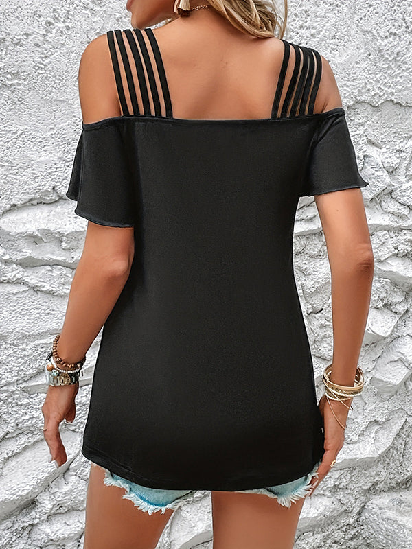 Solid Color Split-Joint Loose Ruffled Short Sleeves Cold shoulder T-Shirts Tops
