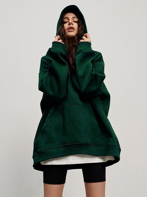 Pockets Solid Color Velvet Long Sleeves Loose Hooded Hoodies Tops