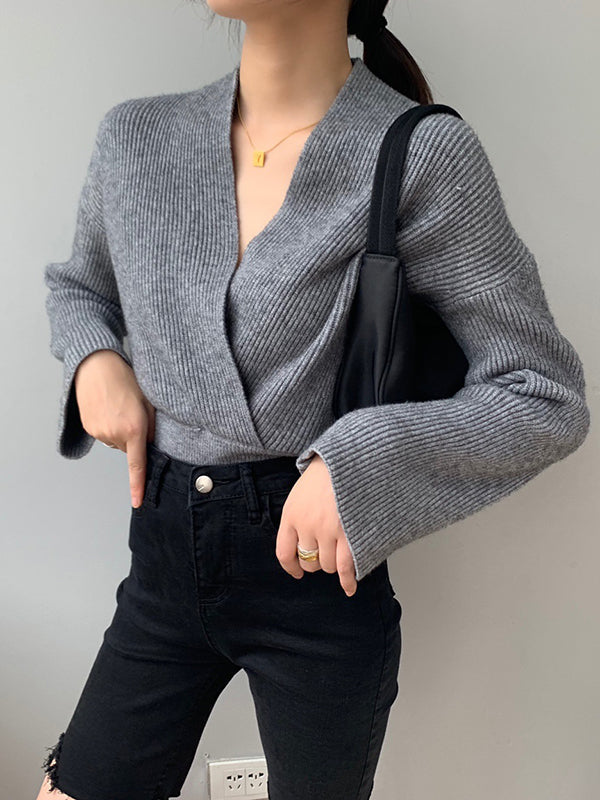 Asymmetric Solid Color Long Sleeves V-Neck Sweater Pullovers Knitwear