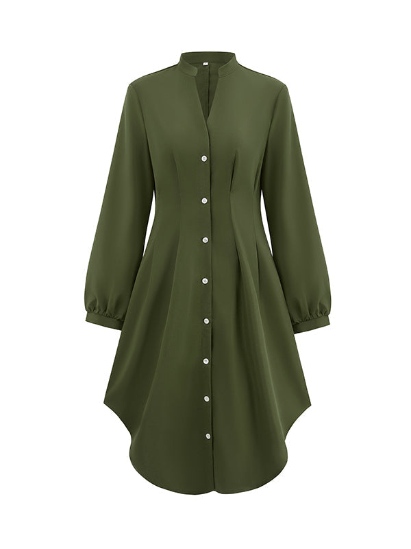 Buttoned No Belt Pleated Solid Color Long Sleeves Loose V-neck Shirt Dress Midi Dresses