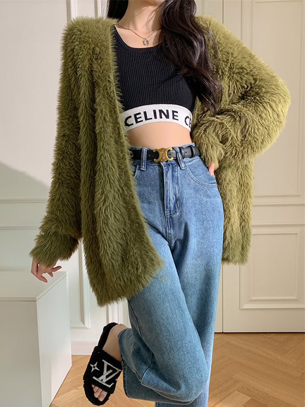 Casual Long Sleeves Loose Solid Color V-Neck Cardigan Tops