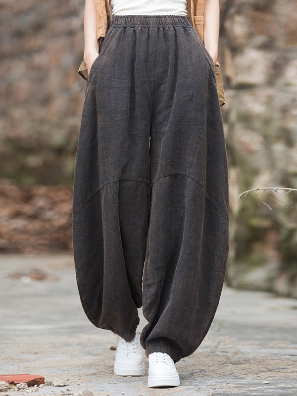 Elasticity Pockets Solid Color Split-Joint Loose Pants Cropped Trousers
