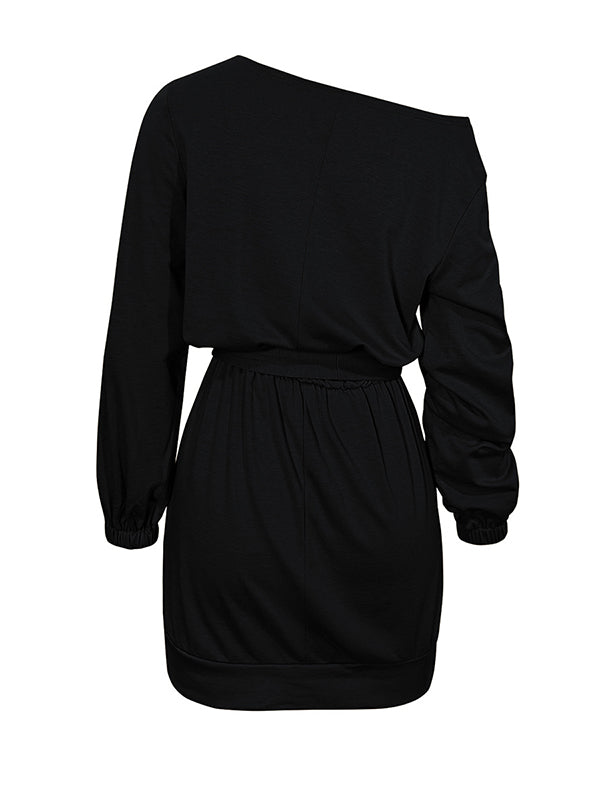 Elasticity Solid Color Tied Waist Long Sleeves Loose One-Shoulder Mini Dresses
