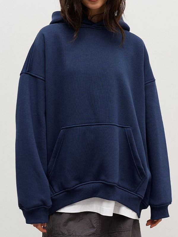 Pockets Solid Color Velvet Long Sleeves Loose Hooded Hoodies Tops