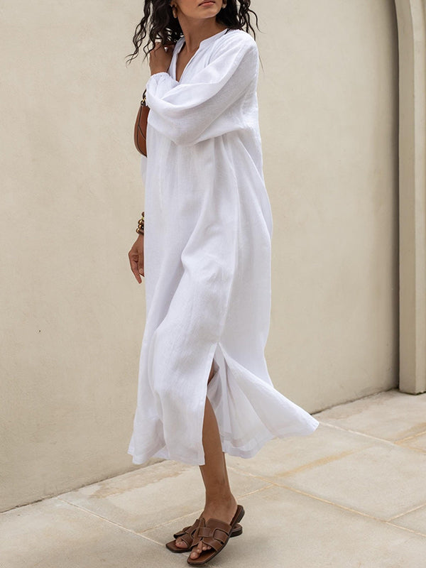 Pleated Solid Color Split-Joint Split-side Long Sleeves Loose Round-neck Shirt Dress Midi Dresses