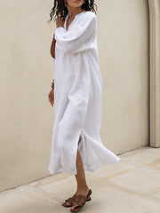 Pleated Solid Color Split-Joint Split-side Long Sleeves Loose Round-neck Shirt Dress Midi Dresses