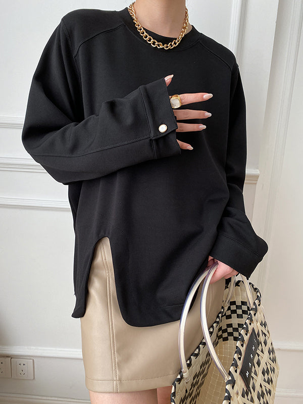 Cropped Loose Split-Side Solid Color Round-Neck T-Shirts Tops