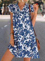 Printed Split-Joint Tied A-Line Ruffle Sleeves V-Neck Mini Dresses