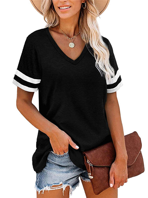Contrast Color Striped Loose Short Sleeves V-Neck T-Shirts