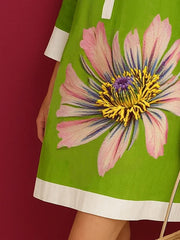 Buttoned Contrast Color Flower Print Loose Three-Quarter Sleeves Lapel Mini Dresses