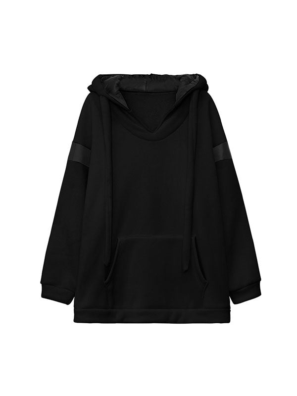Contrast Color Drawstring Pockets Velvet Long Sleeves Loose Hoodies Tops