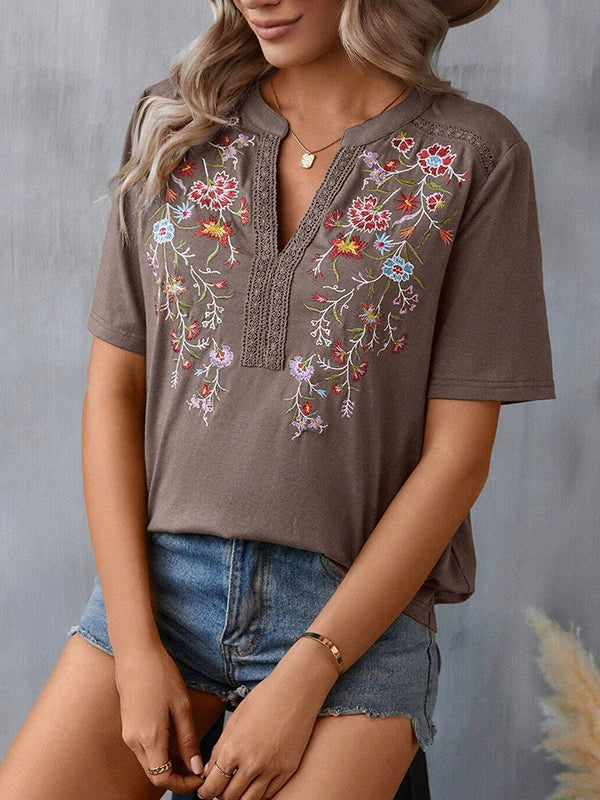 Embroidered Split-Joint Half Sleeves Loose V-Neck T-Shirts Tops
