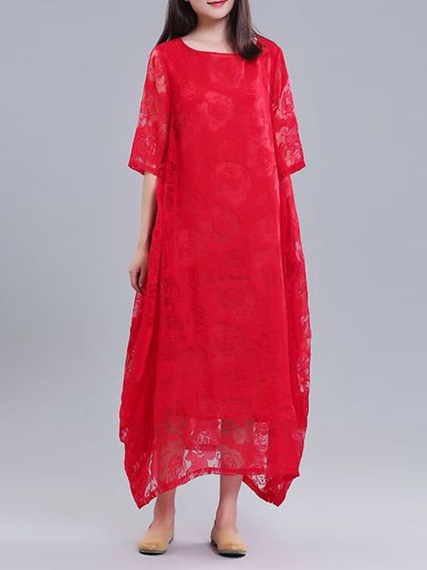 Flower Print See-Through Solid Color A-Line Half Sleeves Round-Neck Midi Dresses