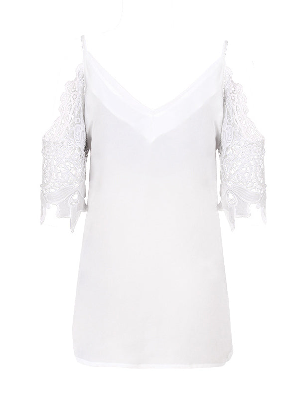 Hollow Solid Color Split-Joint Half Sleeves Loose Cold Shoulder T-Shirts Tops