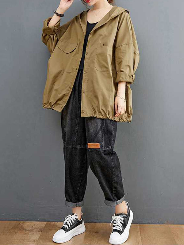Buttoned Pleated Pockets Solid Color Long Sleeves Loose Hooded Trench Coats Outerwear