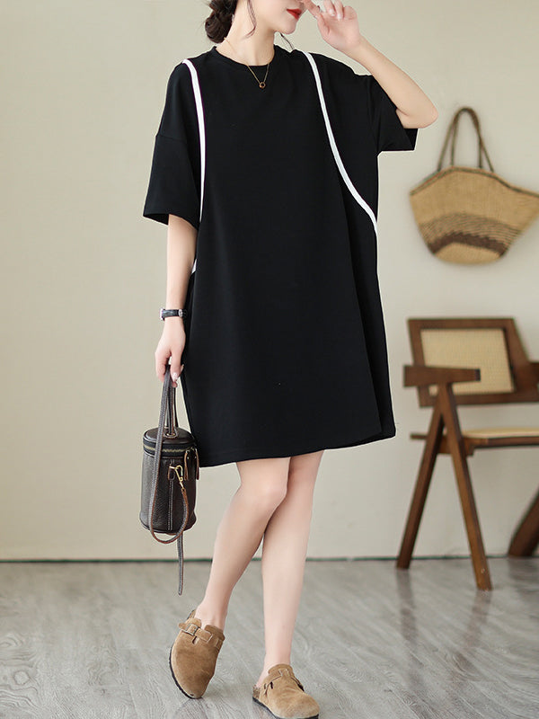 Split-Joint Loose Short Sleeves Round-Neck Mini Dresses