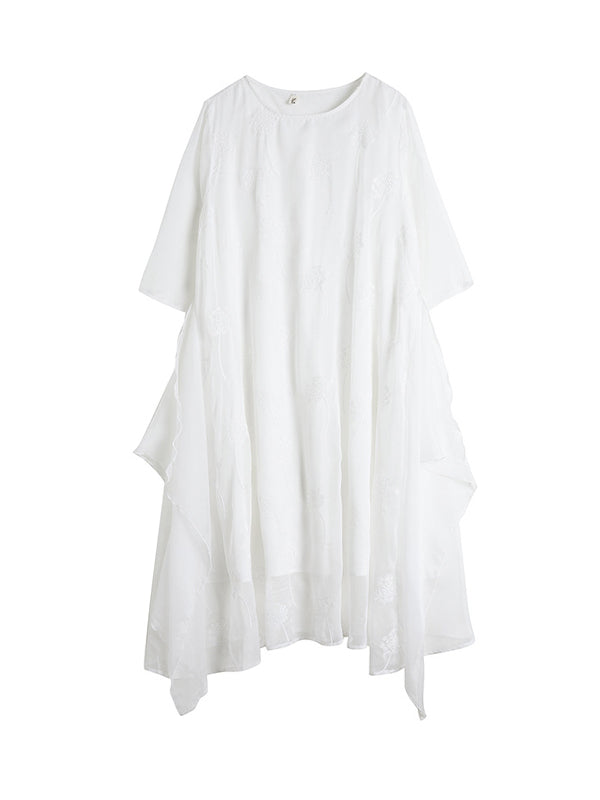 Gauze Split-Joint Loose Three-Quarter Sleeves Round-Neck Midi Dresses
