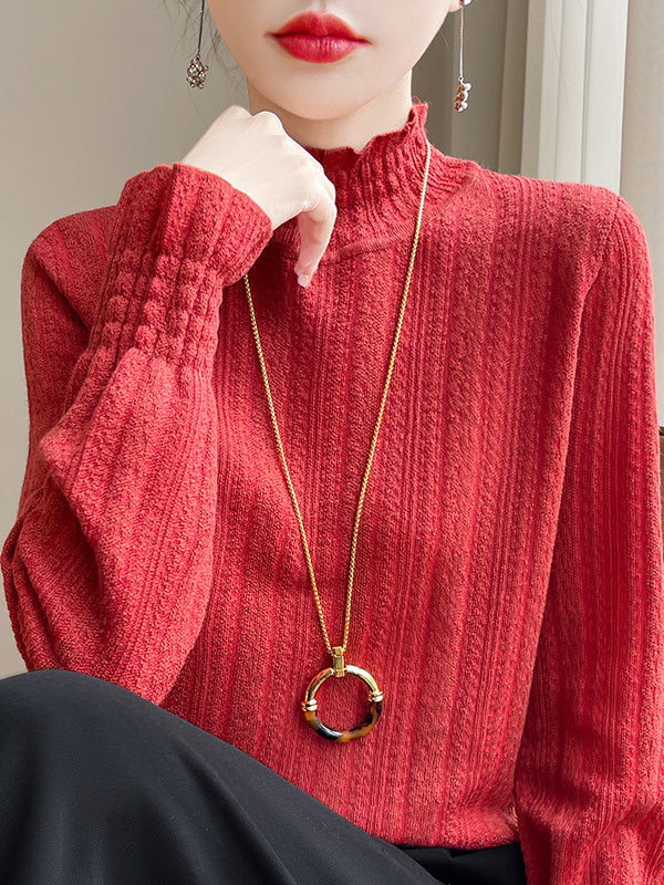 Elasticity Ruffle Trim Solid Color Long Sleeves Loose Mock Neck T-Shirts Tops