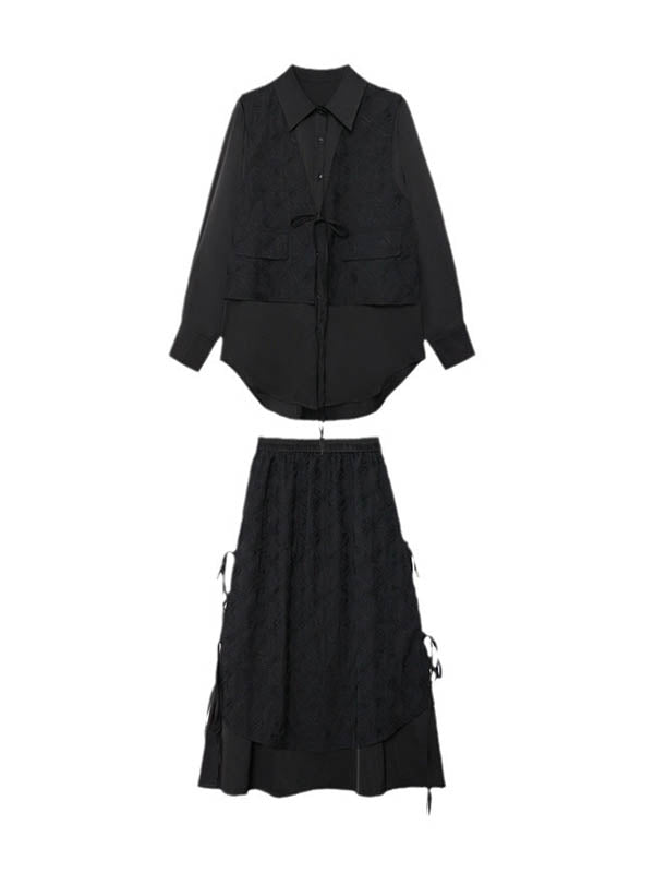 Solid Color Split-Joint Asymmetric Drawstring Flower Print   False Two Lapel Buttoned Pockets Blouses&Shirts Tops + Elasticated Waist Double Layered Skirts Bottoms Two Pieces Set