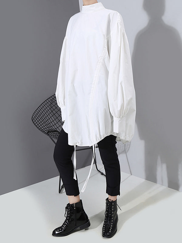 Drawstring Cropped Loose Stand Collar Shirt