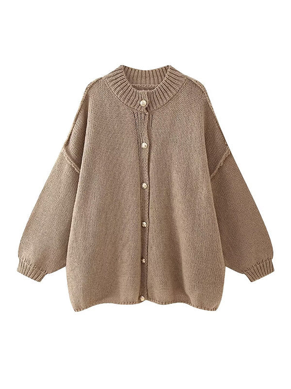 Buttoned Split-Joint Loose Puff Sleeves Round-neck Cardigan Tops