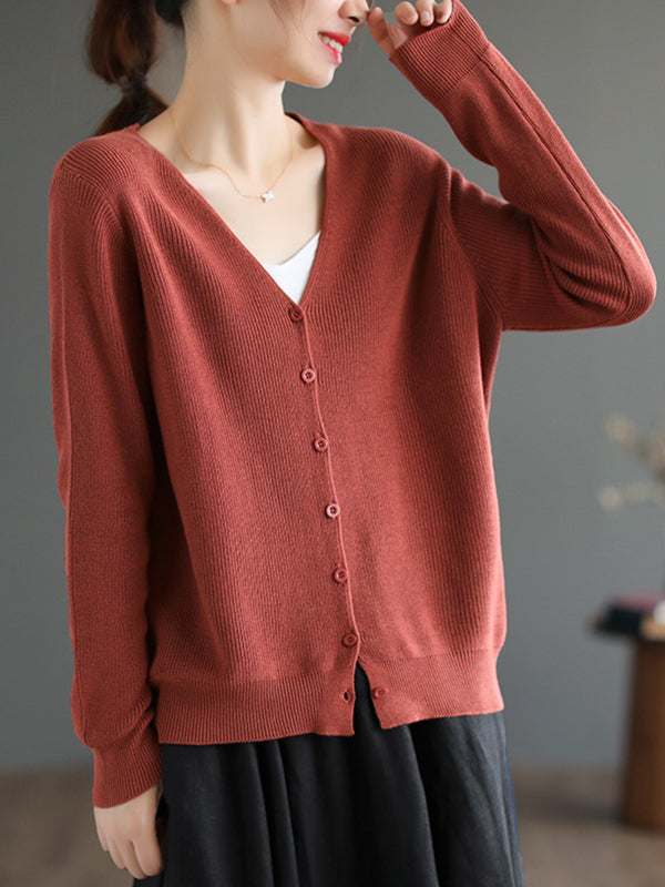 Solid Color Long Sleeves Loose V-Neck Cardigan Tops