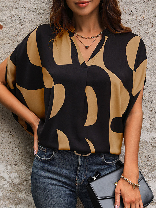Printed Split-Joint Batwing Sleeves Loose V-Neck Blouses&Shirts Tops
