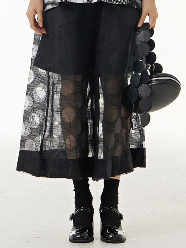 Gauze Polka-Dot See-Through Cropped False Two Casual Pants Bottoms