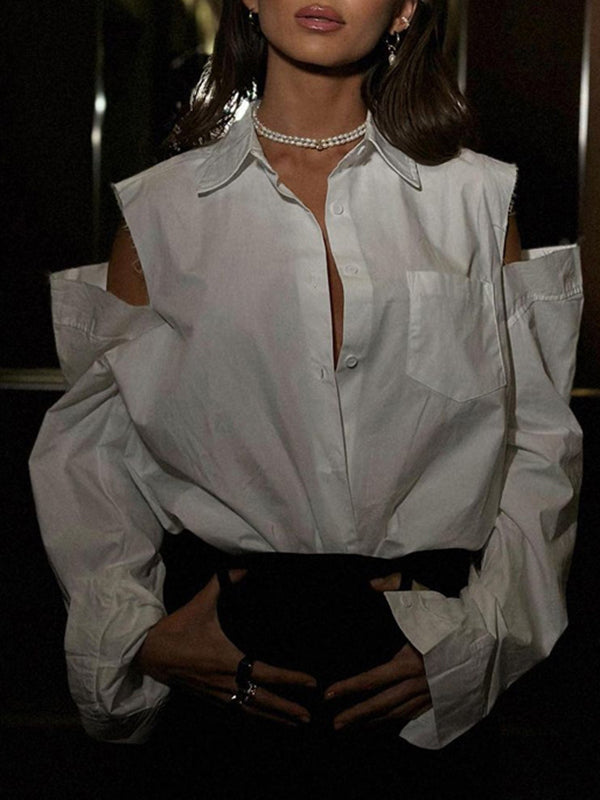 Buttoned Fringed Hollow Pockets Solid Color Split-Joint Long Sleeves Loose Lapel Blouses&Shirts Tops