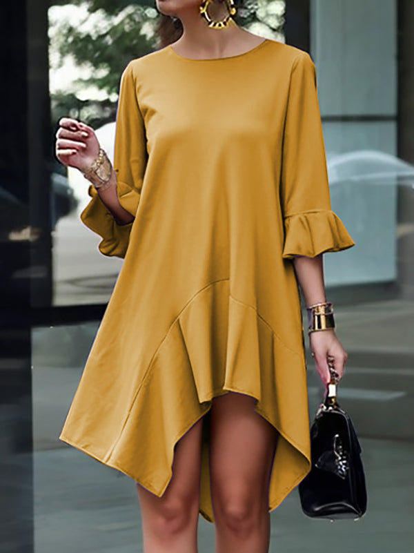 Asymmetric Solid Color Split-Joint Flared Sleeves High-Low Round-Neck Midi Dresses