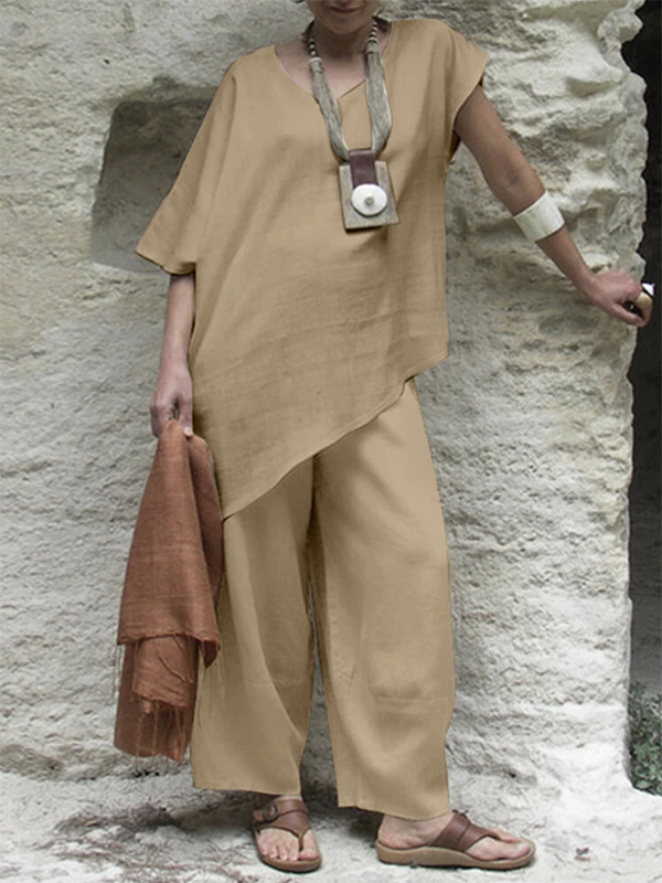 Casual Short Sleeves Loose Asymmetric Solid Color V-Neck Two Pieces Set