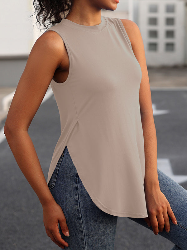 Solid Color Split-Side Loose Sleeveless Round-Neck Vest Top Cover-Ups Tops