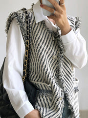 Buttoned Fringed Pockets Striped Loose Sleeveless V-Neck Vest Outerwear