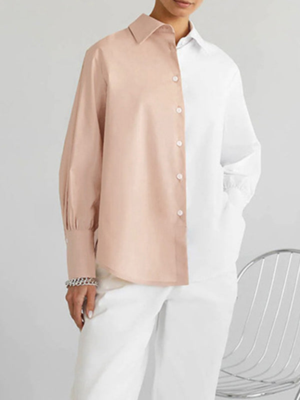 Buttoned Contrast Color Long Sleeves Loose Lapel Blouses&Shirts Tops