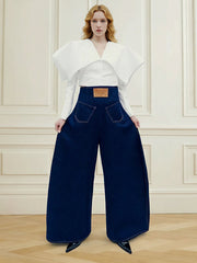 High Waisted Loose Elasticity Pockets Solid Color Zipper Jean Pants Bottoms
