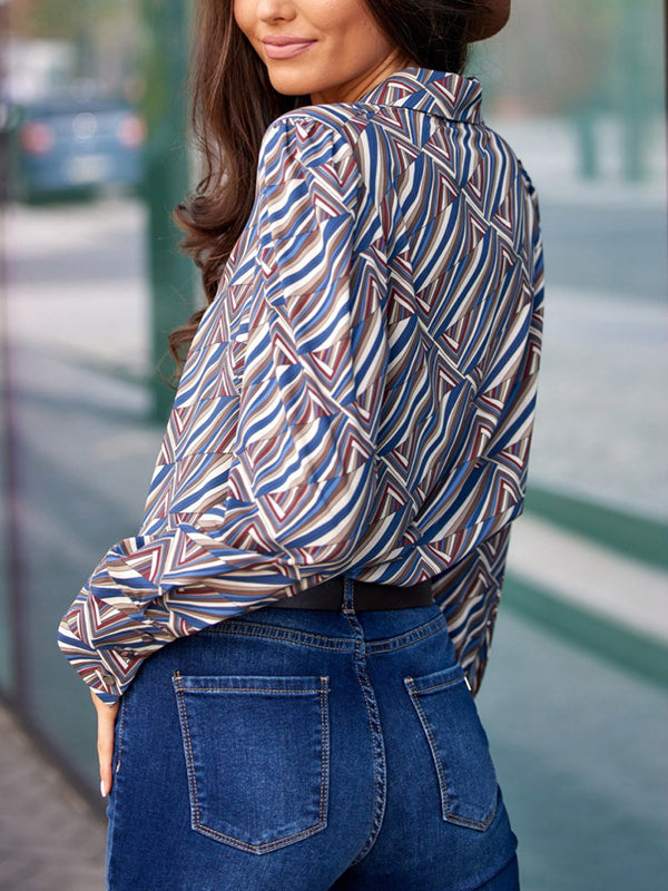 Lace-Up Printed Long Sleeves Loose Lapel Blouses&Shirts Tops