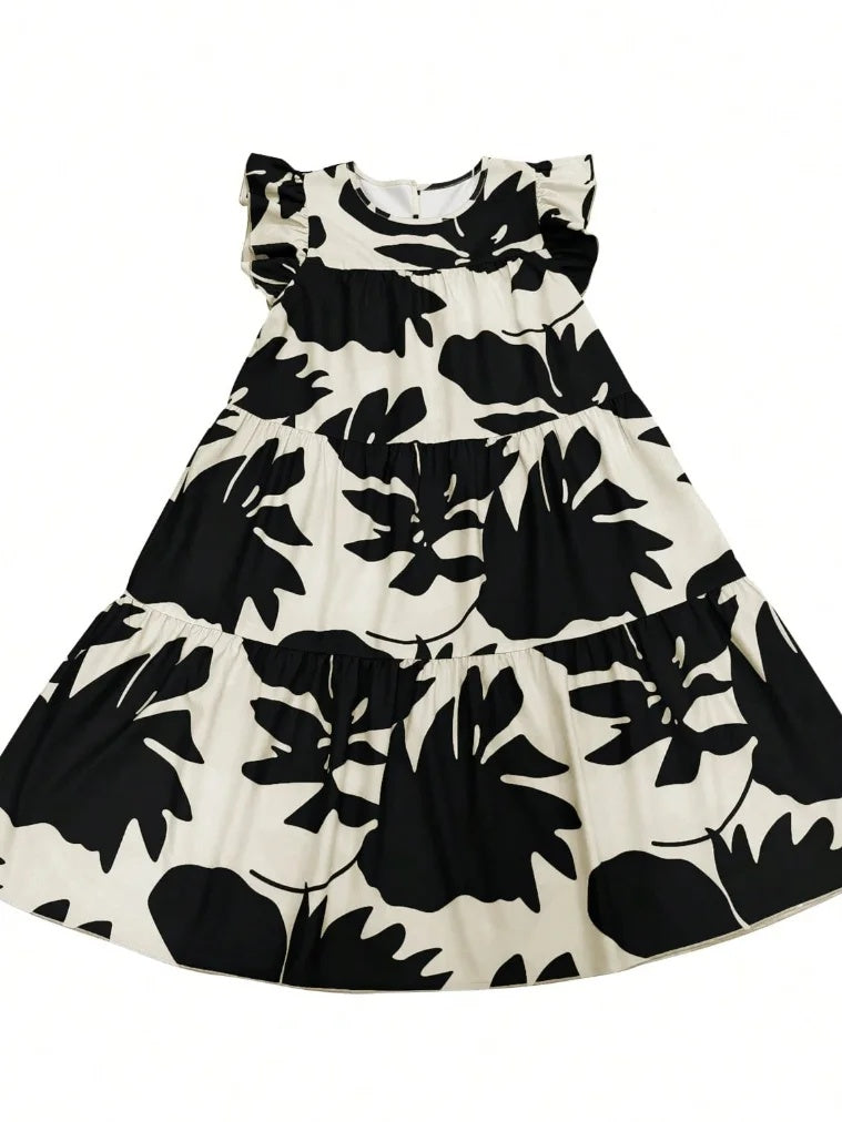 Flower Print Pleated Loose Ruffle Sleeves Round-Neck Midi Dresses