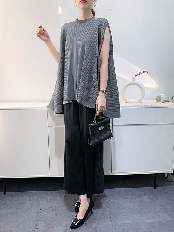 Pleated Solid Color Loose Sleeveless Halter-Neck T-Shirts Tops