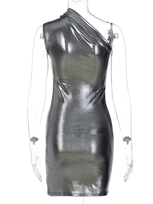 Asymmetric Shiny Solid Color Split-Joint Skinny One-Shoulder Mini Dresses Evening Dresses