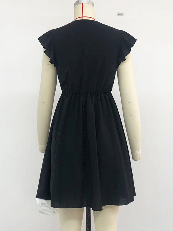 Hollow Pleated Ruffled Solid Color Split-Joint A-Line High Waisted Deep V-Neck Mini Dresses