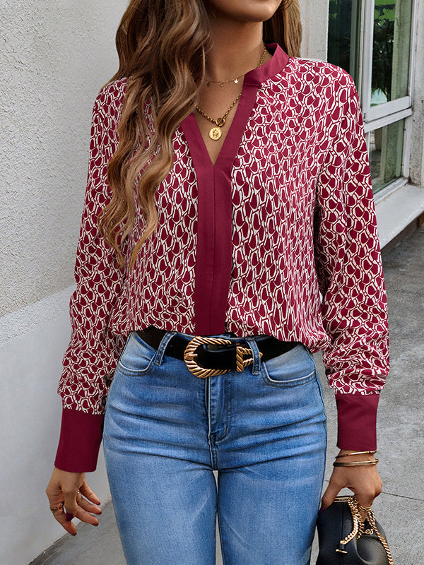 Printed Split-Joint Long Sleeves Loose V-Neck Blouses&Shirts Tops