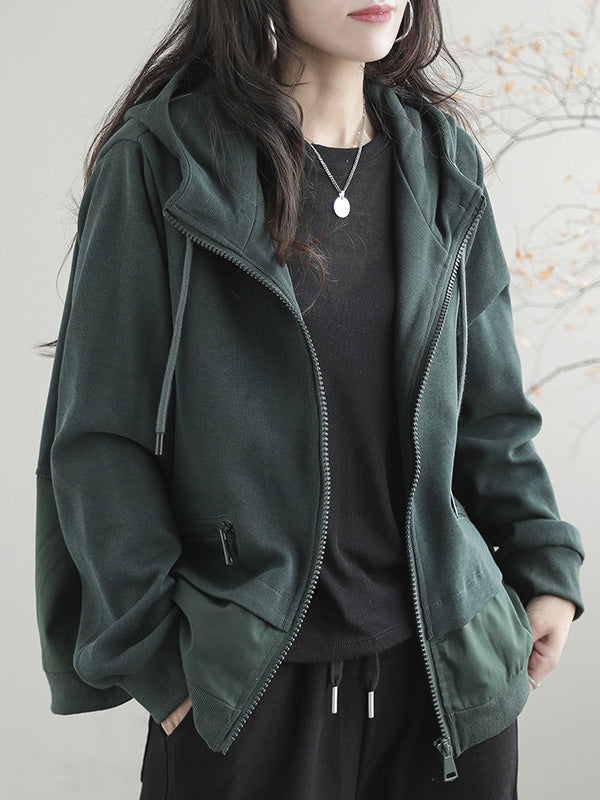 Artistic Retro Loose Long Sleeves Solid Color Zipper Hooded Outerwear