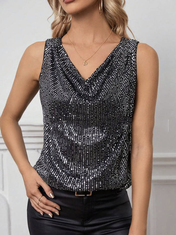 Sequined Shiny Solid Color Split-Joint Loose Sleeveless V-neck Vest Top